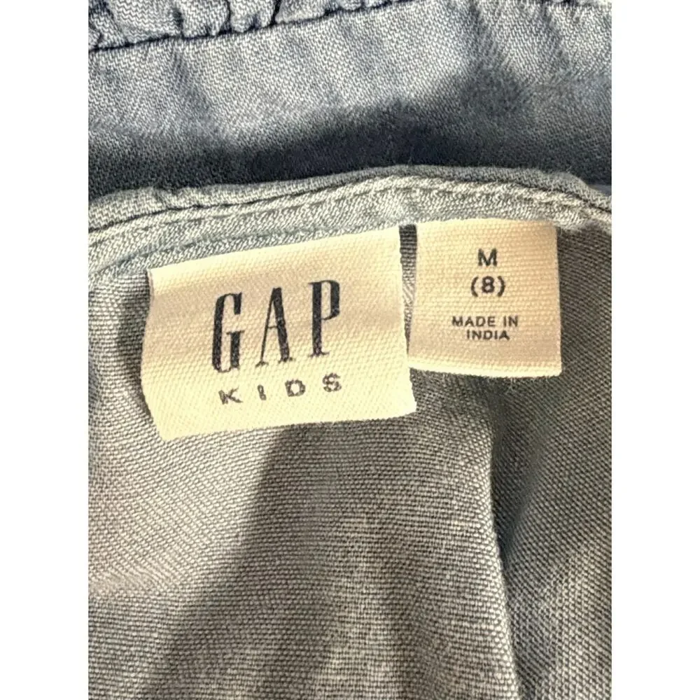 GAP Kids Chambray Embroidered Dress Girls Medium 8 Blue Flutter Sleeve Classic